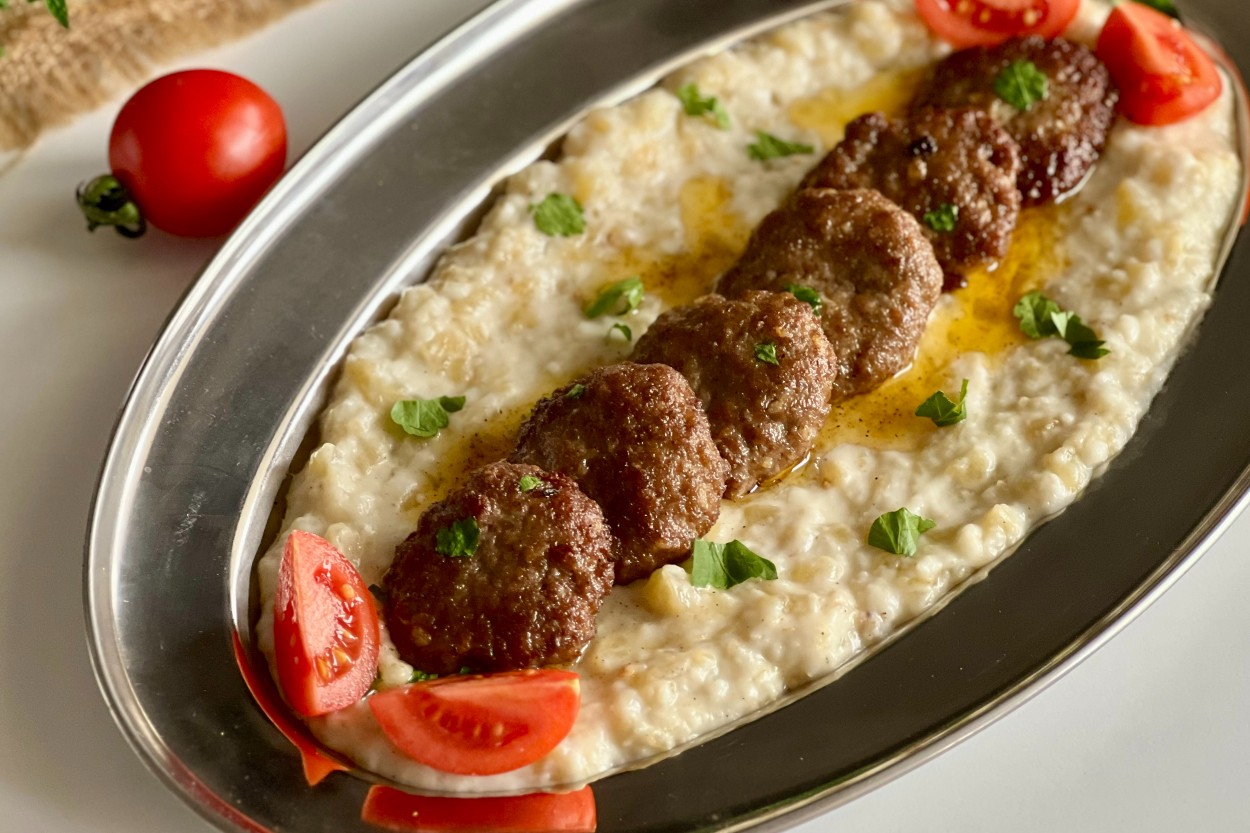 Meatball Wrap with Eggplant Puree